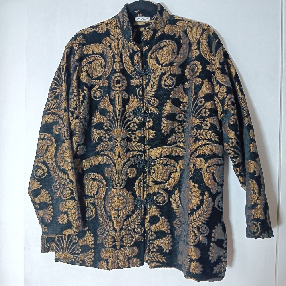 Baroque Rococo Style Y2K BROCADE Jacket M black Gold Floral Ornate Luxous Vtg